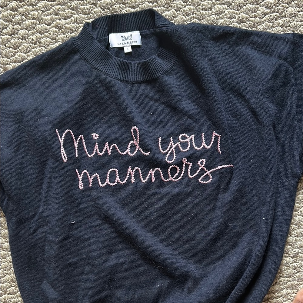 Navy Sweater with Pink Embroidery